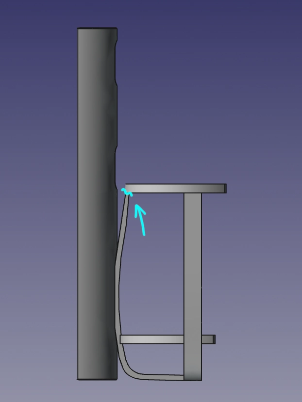 Pirmojo laikiklio 3D modelis su pažymėta skilimo vieta.